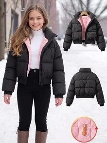 SHEIN 青少年女孩秋冬款簡約舒適時尚寬鬆短版粉色抓絨內裡立領填充外套 - 黑色 - 查看 8