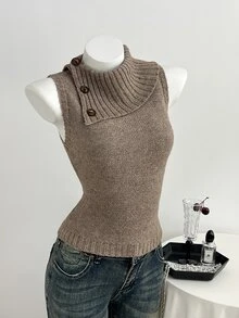 Elamini Women's Casual Versatile Design Collar Vintage Commute Daily Wear Autumn/Winter Slim Fit Sweater Vest - Brown - View 5