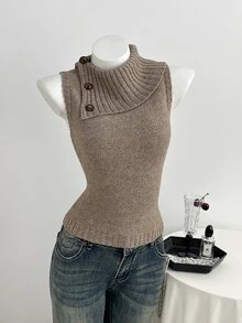 Elamini Women's Casual Versatile Design Collar Vintage Commute Daily Wear Autumn/Winter Slim Fit Sweater Vest - Brown - View 6