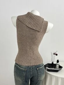 Elamini Women's Casual Versatile Design Collar Vintage Commute Daily Wear Autumn/Winter Slim Fit Sweater Vest - Brown - View 3