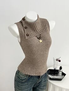 Elamini Women's Casual Versatile Design Collar Vintage Commute Daily Wear Autumn/Winter Slim Fit Sweater Vest - Brown - View 4