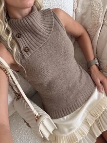 Elamini Women's Casual Versatile Design Collar Vintage Commute Daily Wear Autumn/Winter Slim Fit Sweater Vest - Brown - View 9