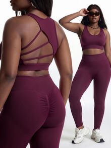 Innovista Innovista Set Olahraga Wanita Ukuran Besar Pinggang Tinggi Set Gym Set Latihan Pakaian Olahraga Pakaian Aktif Pengangkat Bokong Pengontrol Perut Push Up Cepat Kering Musim Gugur بدلة رياضية - Burgundy - View 3