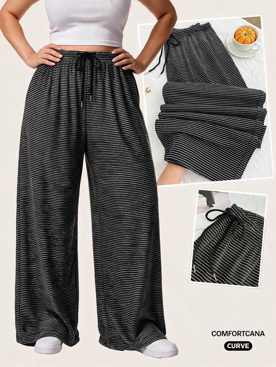 Comfortcana Plus Size Black And White Striped Casual Drawstring Pants, Autumn/Winter Stripe Pants Club Lounge Formal Fall - Black and White - View 1