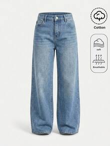 SHEIN Tween Girls Blue Denim Loose Long Pants Fall Winter Halloween Y2k Graduation Back To School - Medium Wash - View 1
