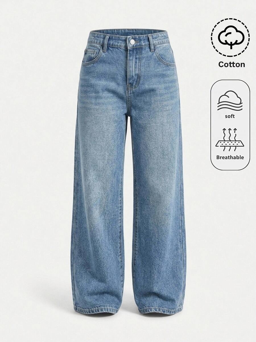 SHEIN Tween Girls Blue Denim Loose Long Pants Fall Winter Halloween Y2k Graduation Back To School - Medium Wash - View 1