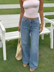 SHEIN Tween Girls Blue Denim Loose Long Pants Fall Winter Halloween Y2k Graduation Back To School - Medium Wash - View 4