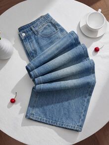 SHEIN Tween Girls Blue Denim Loose Long Pants Fall Winter Halloween Y2k Graduation Back To School - Medium Wash - View 3