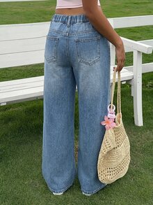 SHEIN Tween Girls Blue Denim Loose Long Pants Fall Winter Halloween Y2k Graduation Back To School - Medium Wash - View 7