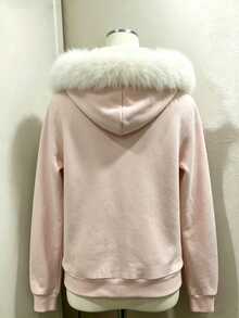 Lalippa Women's Vintage Pink Zip-Up Hoodie With Fur Trim & Pom Pom Drawstrings - Baby Pink - View 2