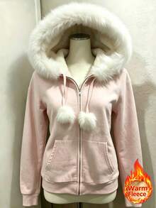 Lalippa Women's Vintage Pink Zip-Up Hoodie With Fur Trim & Pom Pom Drawstrings - Baby Pink - View 1