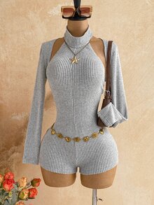 Soleia New Casual Sexy Hot Girl Knit Halter Backless Long Sleeve Jumpsuit 2 Pieces Set - Grey - View 5
