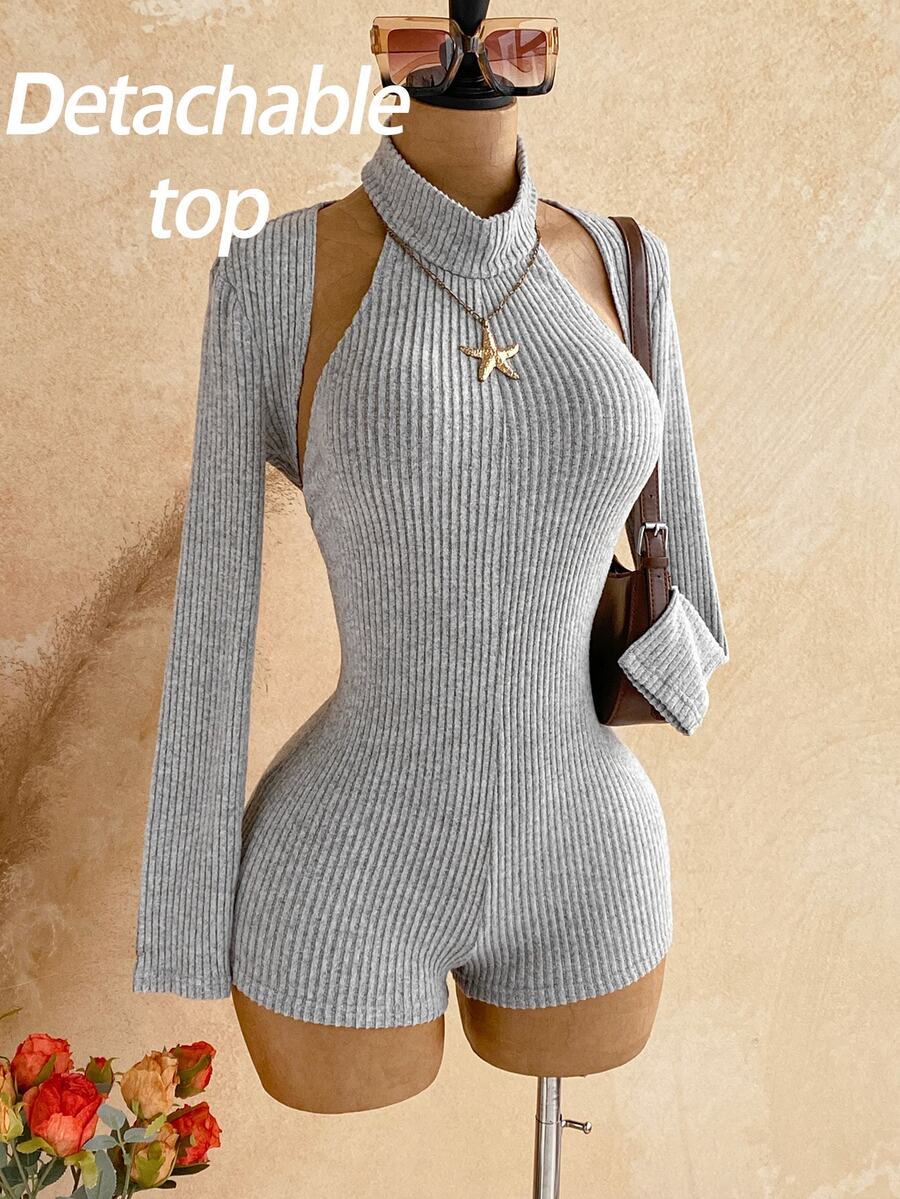 Soleia New Casual Sexy Hot Girl Knit Halter Backless Long Sleeve Jumpsuit 2 Pieces Set - Grey - View 1