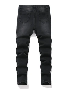 Quần jeans nam thiếu niên thời trang họa tiết hình chữ thập, thiết kế rách, thoải mái, màu đen, phong cách Halloween đi học - màu đen - Xem 2