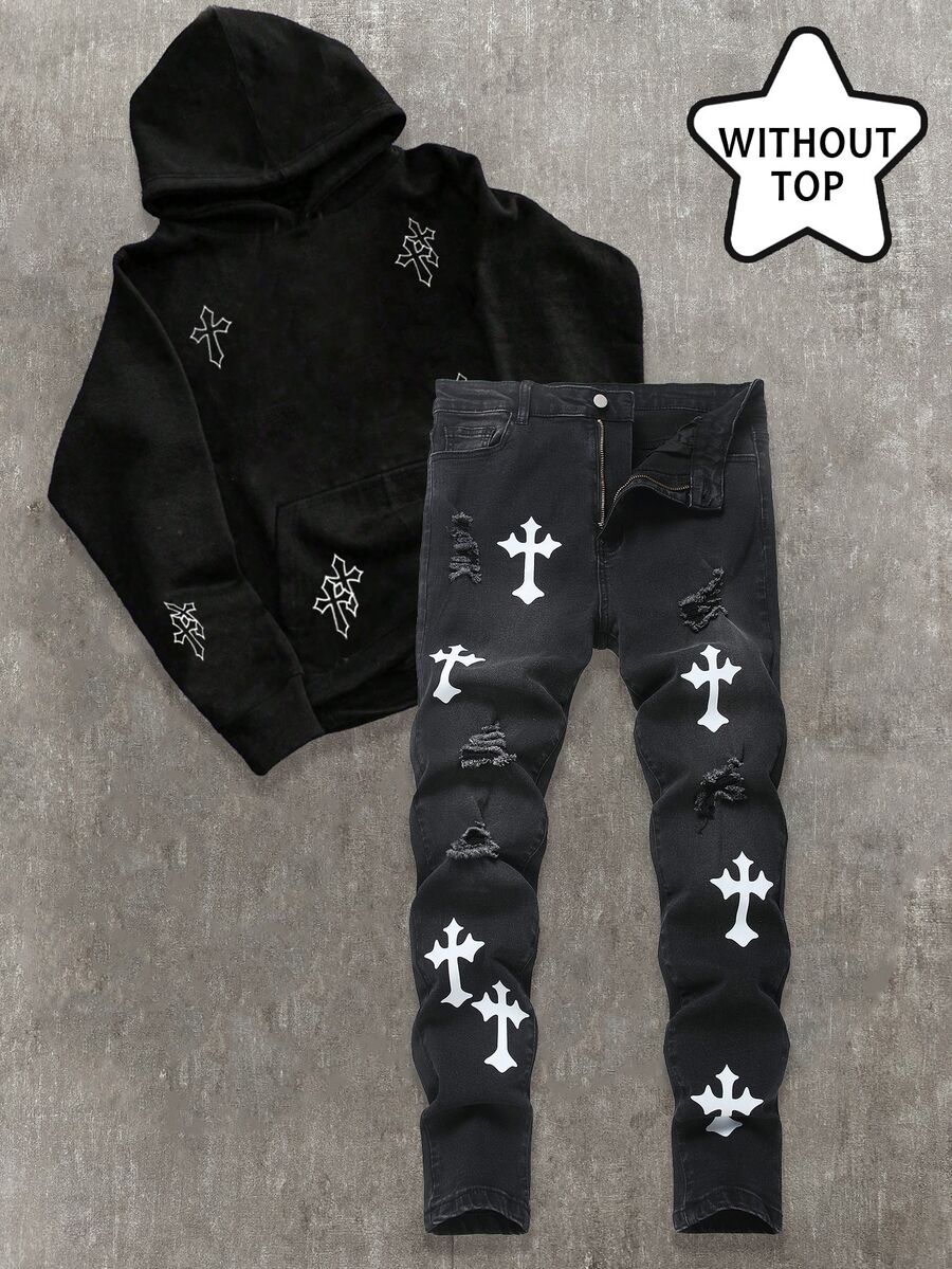 Quần jeans nam thiếu niên thời trang họa tiết hình chữ thập, thiết kế rách, thoải mái, màu đen, phong cách Halloween đi học - màu đen - Xem 1
