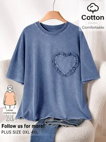 CosyJoli Plus Size Women Frill Trim Heart Neck Drop Shoulder Casual Sexy Elegant T-Shirt Brunch Morning Formal Dusty Blue Summer - Blue - View 1