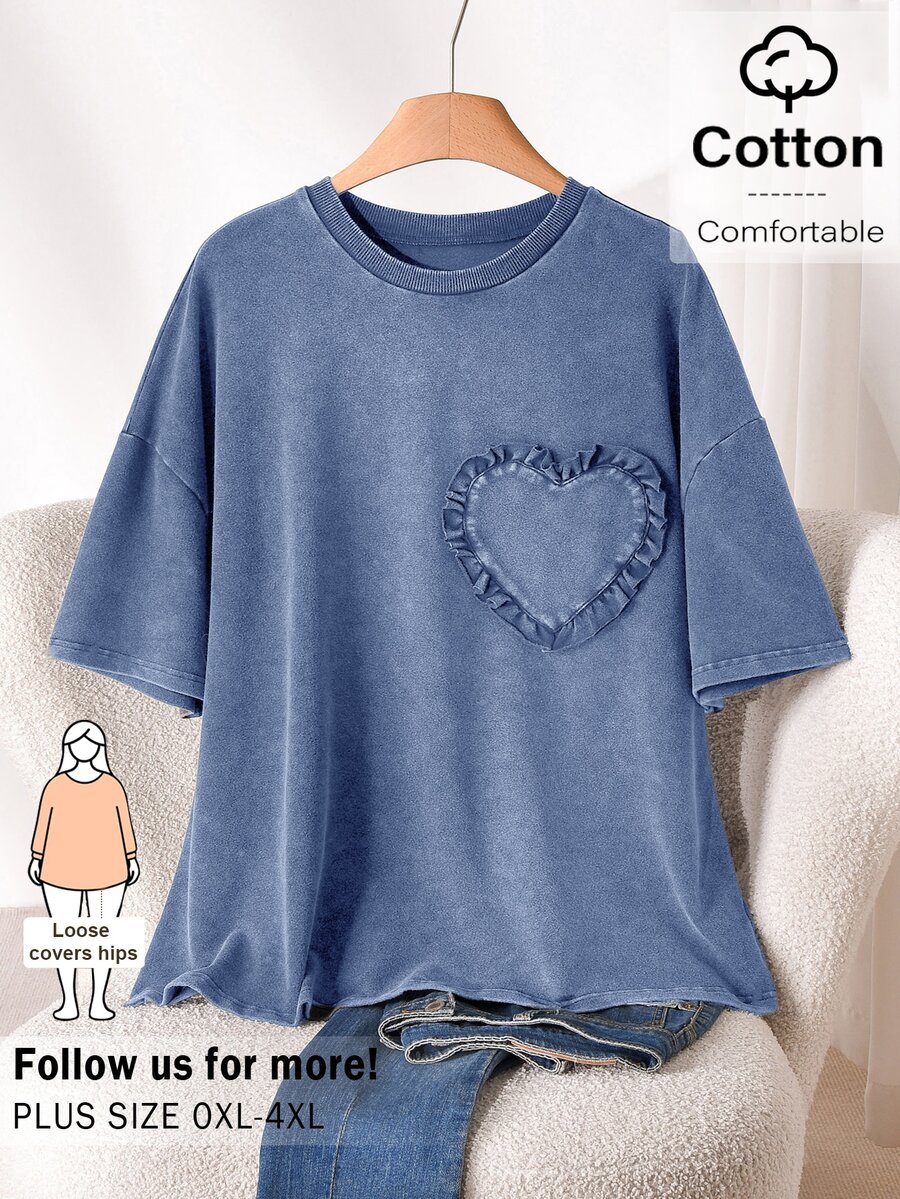 CosyJoli Plus Size Women Frill Trim Heart Neck Drop Shoulder Casual Sexy Elegant T-Shirt Brunch Morning Formal Dusty Blue Summer - Blue - View 1