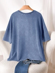 CosyJoli Plus Size Women Frill Trim Heart Neck Drop Shoulder Casual Sexy Elegant T-Shirt Brunch Morning Formal Dusty Blue Summer - Blue - View 2