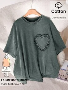 CosyJoli Plus Size Women's Summer Casual Heart Ruffle Trim T-Shirt - Green - View 3