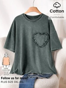 CosyJoli Plus Size Women's Summer Casual Heart Ruffle Trim T-Shirt - Green - View 1