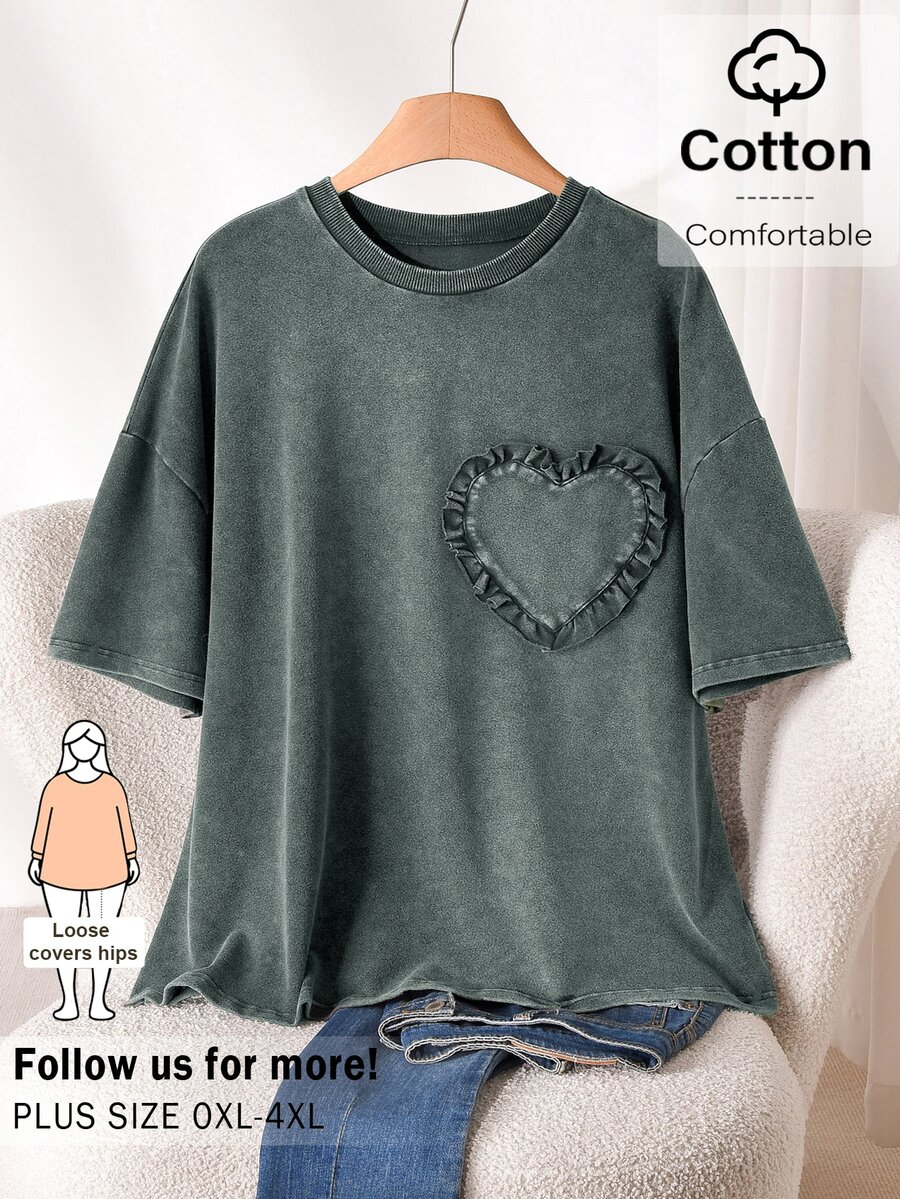 CosyJoli Plus Size Women's Summer Casual Heart Ruffle Trim T-Shirt - Green - View 1