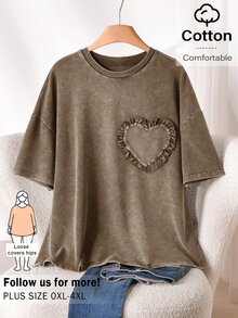 CosyJoli Plus Size Women Ruffle Trim Heart Neck Drop Shoulder Casual T-Shirt Formal Brown Summer - Brown - View 1