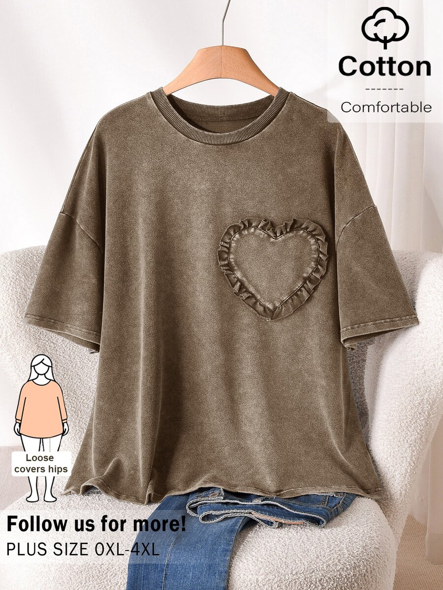 CosyJoli Plus Size Women Ruffle Trim Heart Neck Drop Shoulder Casual T-Shirt Formal Brown Summer - Brown - View 1