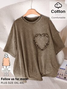 CosyJoli Plus Size Women Ruffle Trim Heart Neck Drop Shoulder Casual T-Shirt Formal Brown Summer - Brown - View 3
