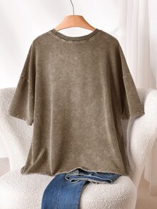 CosyJoli Plus Size Women Ruffle Trim Heart Neck Drop Shoulder Casual T-Shirt Formal Brown Summer - Brown - View 2