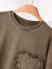 CosyJoli Plus Size Women Ruffle Trim Heart Neck Drop Shoulder Casual T-Shirt Formal Brown Summer - Brown - View 5
