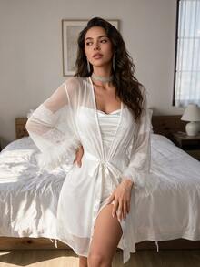 Rafferiza Gaun Tidur Minimalis Wanita Warna Polos dengan Tali Bahu Tipis, Model Babydoll dan Jubah Berbulu, Set Piyama Seksi, Pakaian Dalam Pengantin, Pakaian Musim Gugur dan Musim Dingin - Putih - View 7