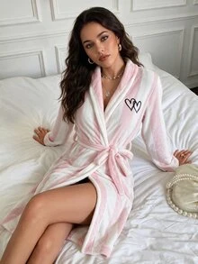 Rafferiza Women's French Elegant Striped & Contrast Heart Embroidery Cozy Loose Tie Waist Fluffy Winter Robe - Multicolor - View 1