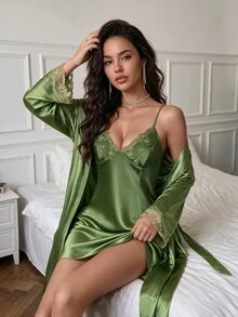 Rafferiza Women's Solid Color Lace Patchwork Camisole Dress And Long Sleeve Robe Pajama Set - Olive Green - View 1
