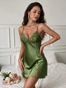 Rafferiza Women's Solid Color Lace Patchwork Camisole Dress And Long Sleeve Robe Pajama Set - Olive Green - View 4
