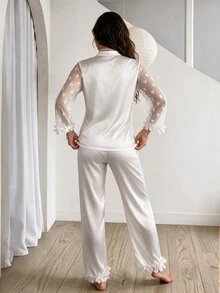 Rafferiza Heart & Mesh Detailing, Mushroom Border, Splicing, Silk Imitation Pajama Set White Set Bridal Lingerie, Fall Winter Clothes - White - View 2