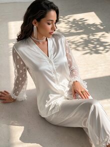 Rafferiza Heart & Mesh Detailing, Mushroom Border, Splicing, Silk Imitation Pajama Set White Set Bridal Lingerie, Fall Winter Clothes - White - View 3