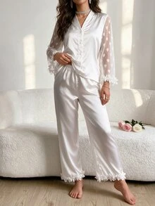 Rafferiza Heart & Mesh Detailing, Mushroom Border, Splicing, Silk Imitation Pajama Set White Set Bridal Lingerie, Fall Winter Clothes - White - View 5