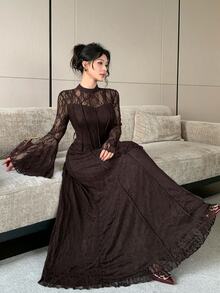 Modelyn Women's Elegant Solid Color Lace Long Sleeve Cinched Waist Waist A-Line Regular Spring/Autumn Dress, Party Dress - Brown - View 5