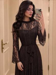 Modelyn Women's Elegant Solid Color Lace Long Sleeve Cinched Waist Waist A-Line Regular Spring/Autumn Dress, Party Dress - Brown - View 1