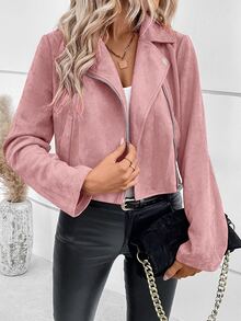 SHEIN 女式立領春秋休閒外套，拉鍊閉合，長袖設計 - 藕粉色 - 查看 7