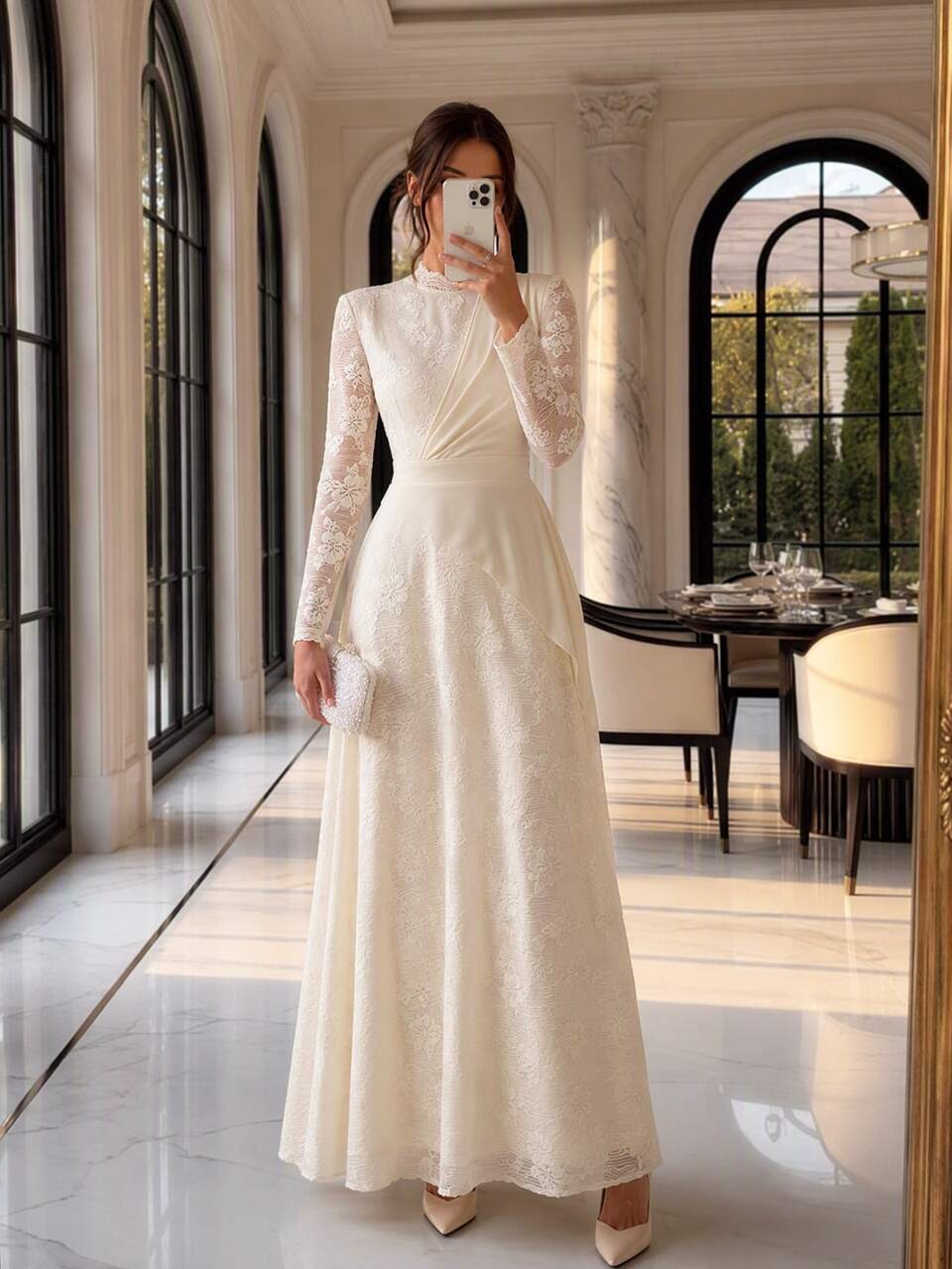 Enchnt Vestido de manga larga con encaje plisado versátil estilo francés para mujer