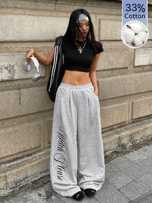 Coolane Women's Fall Grey Oversized Lounge Sweatpants, Graphics Corduroy Textured Low Rise Baggy Wide Leg Pants,33%Cotton Casual Streetwear Jogging Comfy Long - Grey - View 5