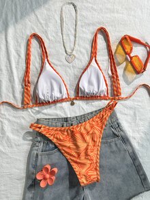 SHEIN Swim 2026春夏贝壳印花比基尼套装，简约时尚分体式泳装，适合海滩度假，显瘦沙滩俱乐部女装比基尼套装，女士度假装 - 彩色 - 查看 2