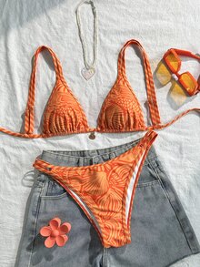 SHEIN Swim 2026春夏贝壳印花比基尼套装，简约时尚分体式泳装，适合海滩度假，显瘦沙滩俱乐部女装比基尼套装，女士度假装 - 彩色 - 查看 6