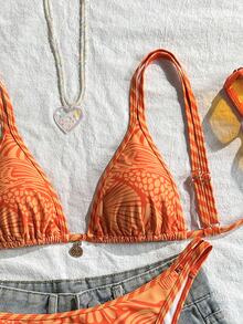 SHEIN Swim 2026春夏贝壳印花比基尼套装，简约时尚分体式泳装，适合海滩度假，显瘦沙滩俱乐部女装比基尼套装，女士度假装 - 彩色 - 查看 4