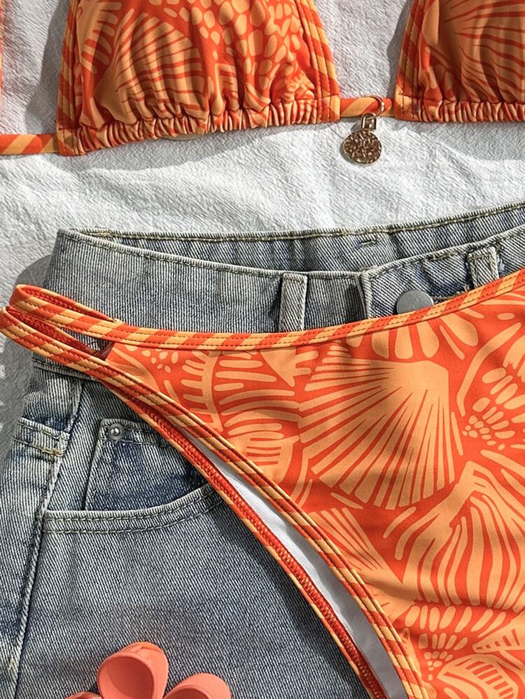 Swim Mod Conjunto de bikini con estampado de conchas marinas, Primavera/Verano 2026, Traje de baño minimalista y elegante para vacaciones en la playa, Conjunto de bikini estilizante para atuendos de club de playa, Conjunto de bikini para vacaciones de mujeres - Multicolor - Añade 5