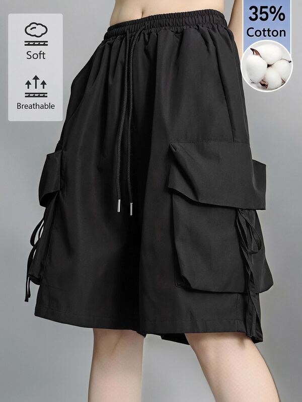 SHEIN BASICS Casual Streetwear Woven High Waisted Wide Leg Bermuda Shorts With Worker Pockets For Women Black Pants Summer Outfit Cotton Beach Holiday
