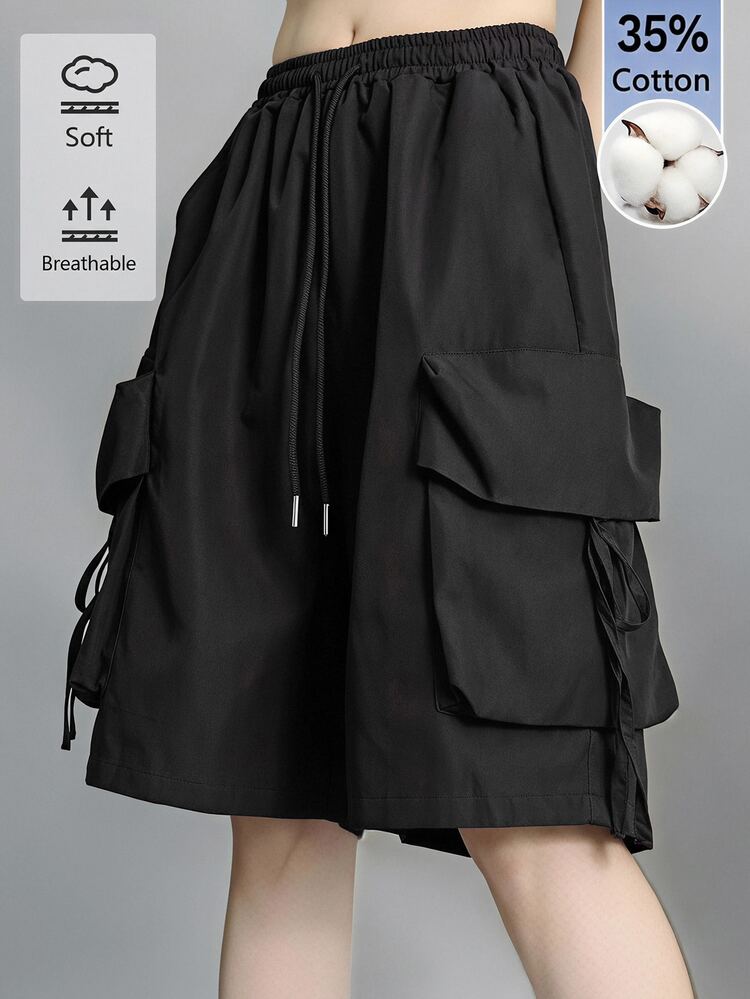 SHEIN BASICS Celana Pendek Bermuda Kasual Streetwear Tenun Pinggang Tinggi Kaki Lebar dengan Kantong Kerja untuk Wanita Celana Hitam Pakaian Musim Panas Katun Liburan Pantai - Hitam - View 1