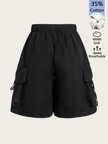 SHEIN BASICS 女款休閒街頭風梭織高腰寬腿百慕大短褲，附工裝口袋，黑色，棉質，適合夏季穿搭、海灘度假 - 黑色 - 查看 3