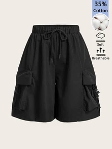 SHEIN BASICS 女款休閒街頭風梭織高腰寬腿百慕大短褲，附工裝口袋，黑色，棉質，適合夏季穿搭、海灘度假 - 黑色 - 查看 2
